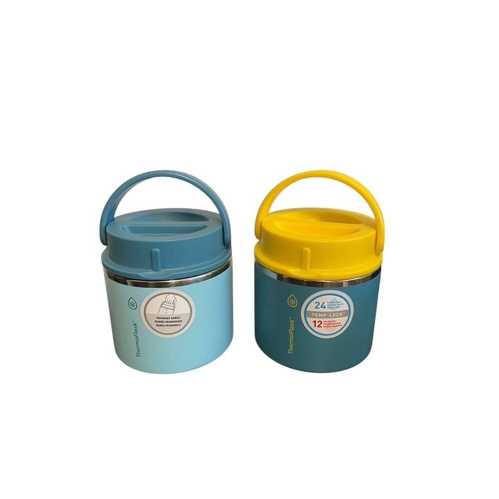 ThermoFlask 2 Pack Insulated Food Jars Stainless Steel Blue Teal Yellow Handle